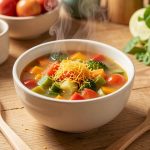 Comment intégrer la levure nutritionnelle aux repas pour soutenir la digestion ? Bol de soupe de légumes fumante saupoudrée de levure nutritionnelle, posé sur une table lumineuse dans une cuisine chaleureuse.