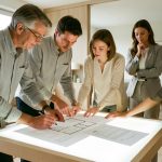 Un couple de propriétaires examine des plans de rénovation et deux documents vierges sur une table lumineuse, tandis qu’une architecte se tient à l’arrière-plan dans une maison contemporaine.