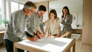 Un couple de propriétaires examine des plans de rénovation et deux documents vierges sur une table lumineuse, tandis qu’une architecte se tient à l’arrière-plan dans une maison contemporaine.