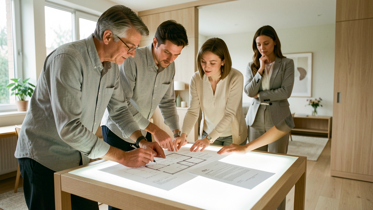 Un couple de propriétaires examine des plans de rénovation et deux documents vierges sur une table lumineuse, tandis qu’une architecte se tient à l’arrière-plan dans une maison contemporaine.