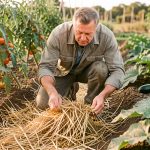 Comment protéger son jardin en septembre pour éviter des dépenses au printemps ? Un homme pose du paillage naturel sur une parcelle de potager familial entourée de tomates et de courgettes en fin de saison, sous une douce lumière automnale.