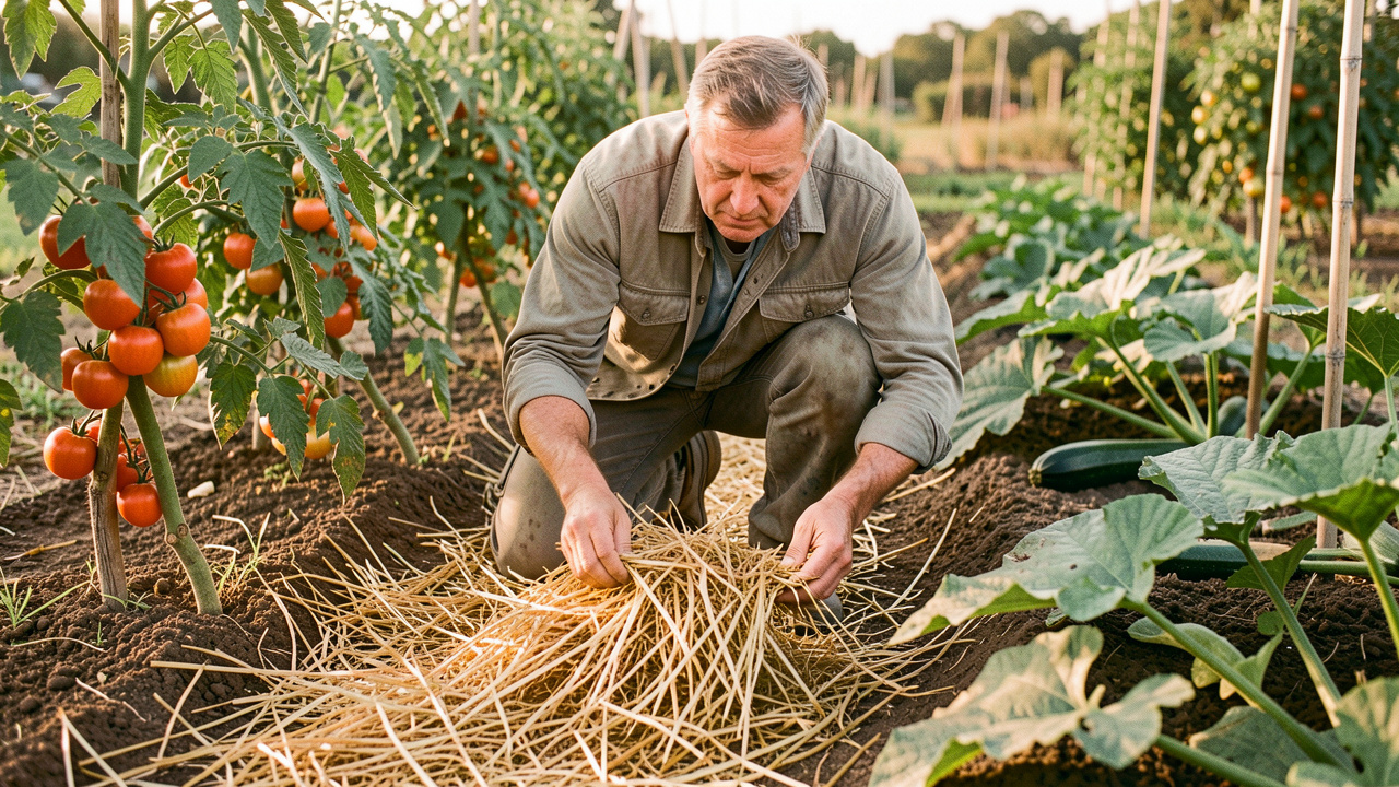 Un homme pose du paillage naturel sur une parcelle de potager familial entourée de tomates et de courgettes en fin de saison, sous une douce lumière automnale.