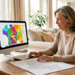 Une propriétaire consulte une carte des risques d’inondation sur un ordinateur dans un salon français lumineux, avec un plan cadastral posé sur la table.