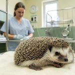 Comment le CREAVES Géraldine’s Heaven de Pairi Daiza soigne-t-il les animaux sauvages ? Un hérisson sauvage se repose dans un espace de convalescence d’un centre de soins vétérinaires moderne, avec une soigneuse en arrière-plan et une lumière douce.