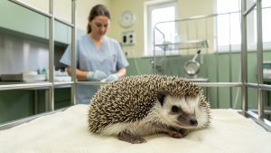 Un hérisson sauvage se repose dans un espace de convalescence d’un centre de soins vétérinaires moderne, avec une soigneuse en arrière-plan et une lumière douce.