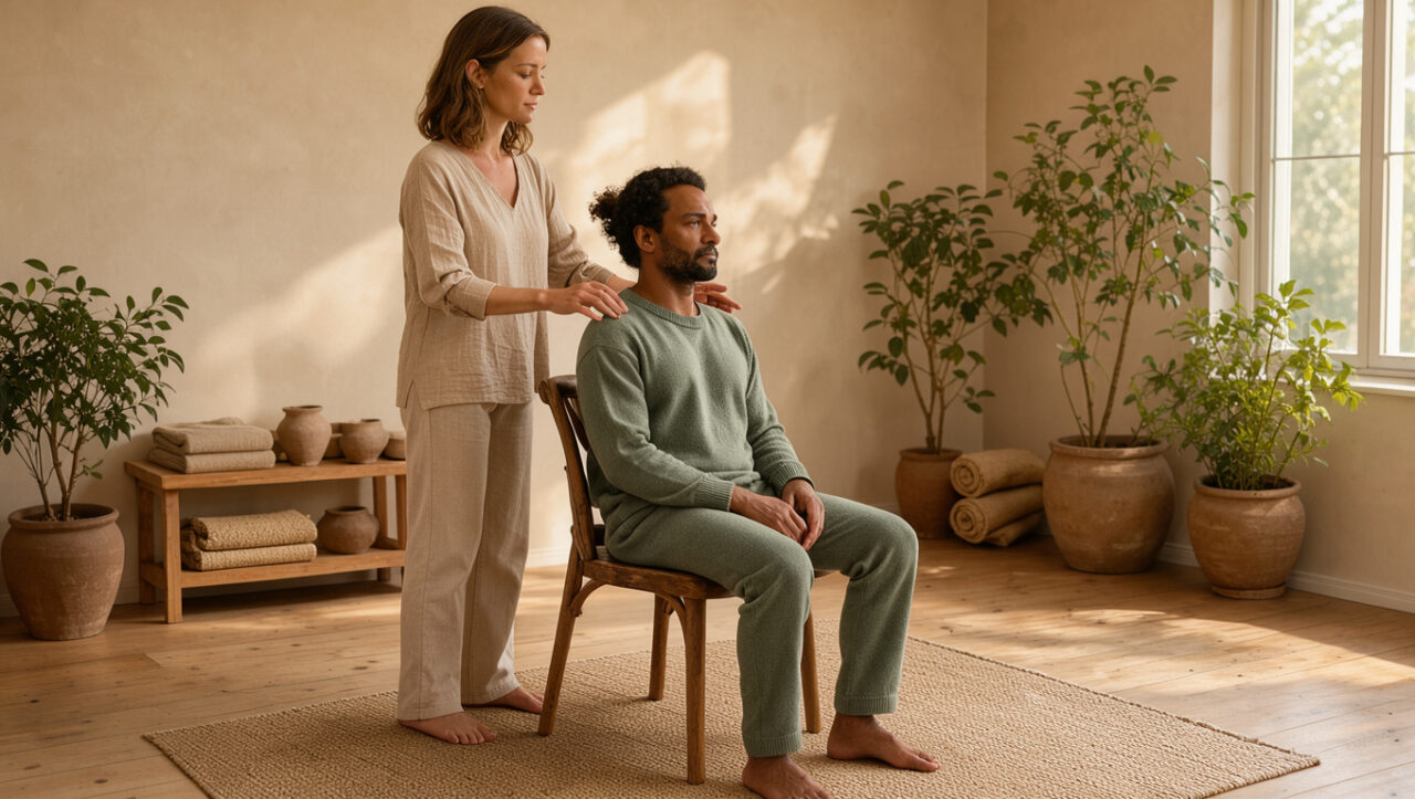 Une praticienne accompagne une femme assise lors d’une séance de bien-être apaisante dans une pièce lumineuse et naturelle.